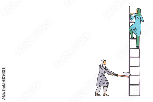 Single continuous line drawing Arab businesswoman climbs ladder to achieve expected reward. Destroyed silently. Business failed to develop. Destroyed by traitors. One line design vector illustration