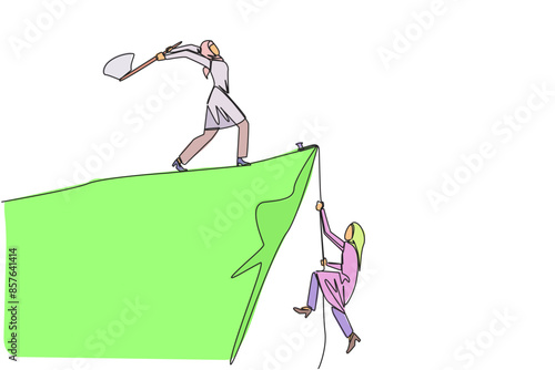 Single continuous line drawing Arabian businesswoman climbs cliff with rope. Almost successful. Rudely dropped by a business friend. Fake partner. Worst teamwork. One line design vector illustration