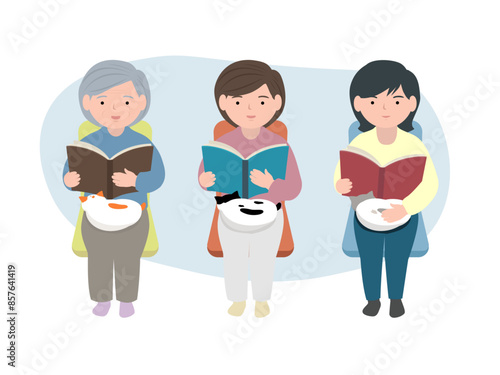 Grandmother, daughter and grandson reading a book. Cats sleeping on the lap.