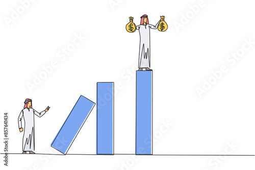 Single one line drawing Arabian businessman standing on the bar lifting money bag. Fake partner. The envy friend. Sabotage happiness. The traitor on office. Continuous line design graphic illustration