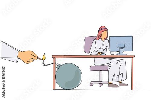Continuous one line drawing Arab businessman typing at computer. Trapped by business partner. Bomb that could explode at any time. Betrayed by a colleague. Single line draw design vector illustration