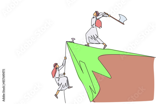 Single one line drawing Arabian businessman climbs cliff with rope. Almost successful. Rudely dropped by a business friend. Fake partner. Worst teamwork. Continuous line design graphic illustration