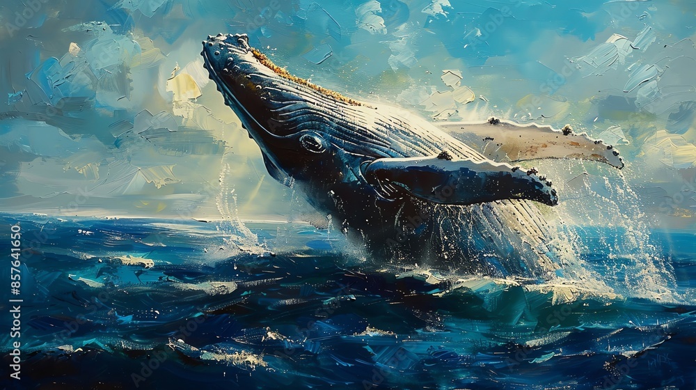 oil painting of a majestic humpback whale breaching the surface of the ...