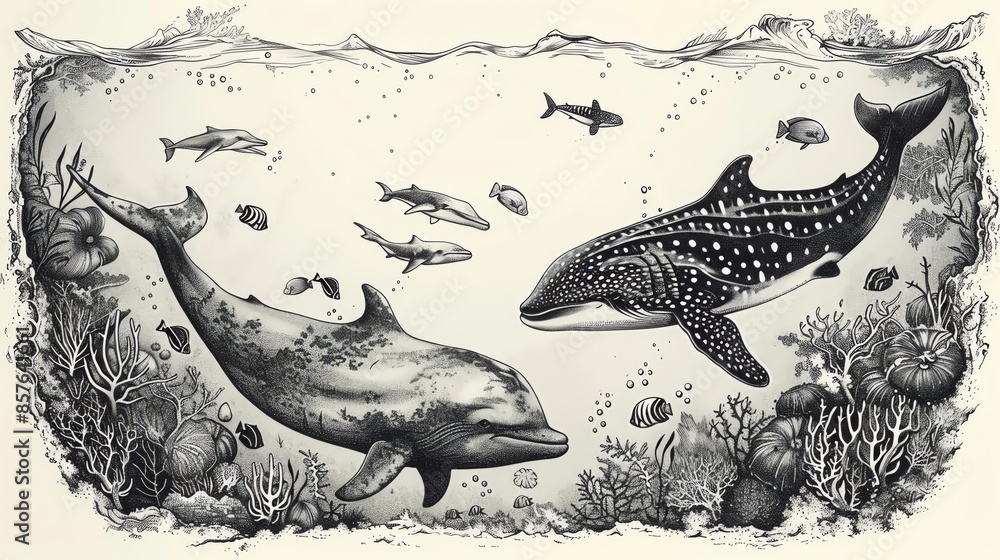 Obraz premium detailed pen and ink illustration showcasing a diverse group of endangered marine animals swimming together in crystal clear waters, emphasizing the importance of ocean conservation