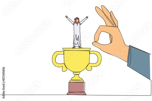 Single continuous line drawing Arabian businessman standing on big trophy. Celebrating the success of business. Got fraudulent business opponents. Falling helpless. One line design vector illustration