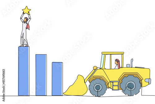 Single one line drawing Arab businessman standing on highest bar raising a star. Bulldozer ready to destroy the happiness. Betrayal. Fake friends. Traitor. Continuous line design graphic illustration