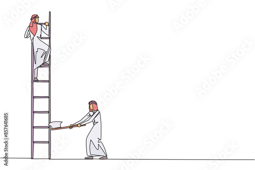 Single continuous line drawing Arab businessman climbs ladder to achieve the expected reward. Destroyed silently. Business failed to develop. Destroyed by traitors. One line design vector illustration
