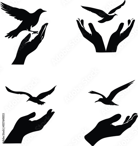 Silhouette of hands releasing a bird, symbolizing freedom and care, bird, vector