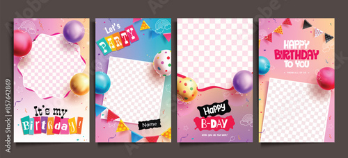 Birthday party cards vector poster set design. Birthday party invitation card template collection with empty blank space for celebrant picture in colorful background. Vector illustration birthday 
