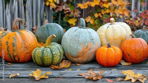 Assorted pumpkins and squash in an autumn garden with fall foliage on trees displayed on a wooden table with autumn leaves space for text photo