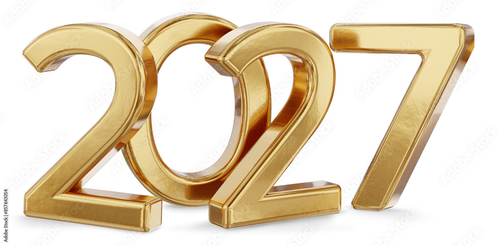 year 2027 as number as new year, golden metallic letters in regular slightly bold font width, isolated year 2027 as number as new year, golden metallic letters in regular slightly bold font width, isolated