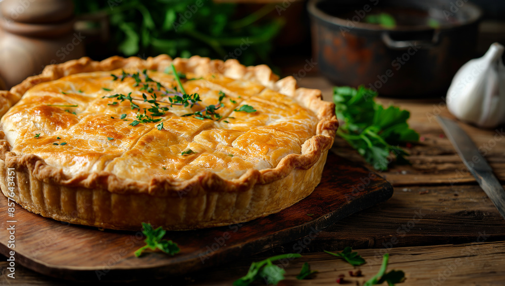 Savory Meat Pie with Flaky Crust and Copy Space.