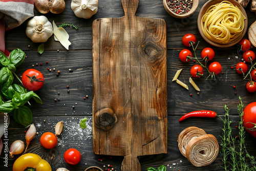 empty wooden board lies on the table surrounded by vegetables and pasta in a top view
