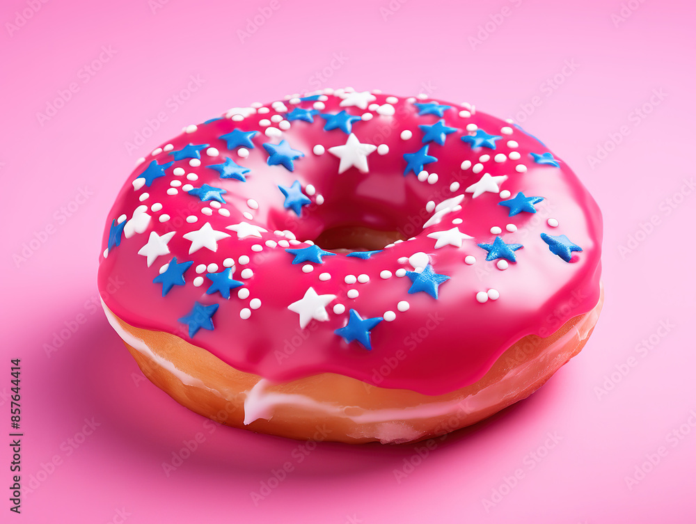 Flat lay donuts in American flag colors ribbon decorations on blue background Flat lay donuts in American flag colors ribbon decorations on blue background