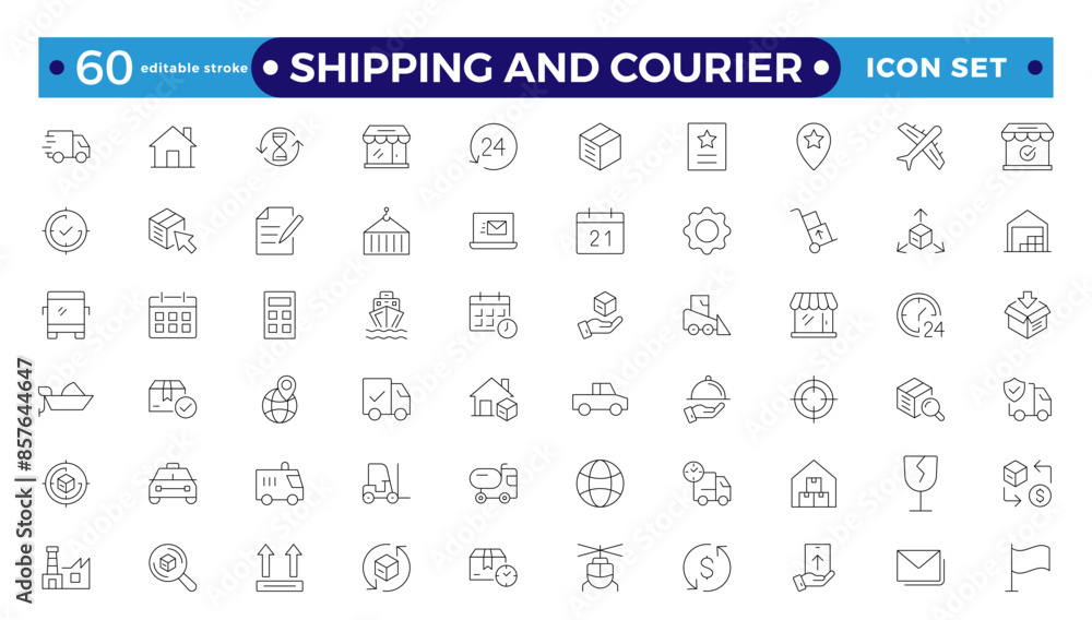 Shipping And Courier icon. Delivery service outline icon set. Contains order tracking, delivery home, warehouse, truck, scooter, and courier sea Air. Editable stroke outline icon. Shipping And Courier icon. Delivery service outline icon set. Contains order tracking, delivery home, warehouse, truck, scooter, and courier sea Air. Editable stroke outline icon.