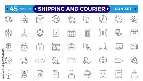 Shipping And Courier icon. Delivery service outline icon set. Contains order tracking, delivery home, warehouse, truck, scooter, and courier sea Air. Editable stroke outline icon.