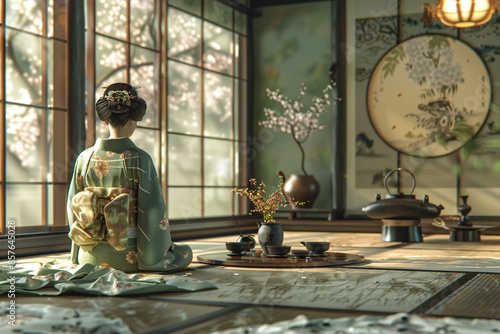 Close up of a traditional Japanese tea ceremony with elegant kimonos and tea sets , created by ai photo