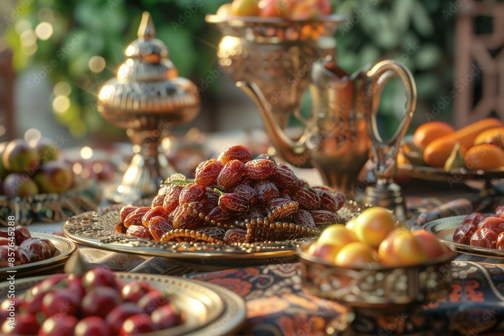 Close up of a traditional Iftar table set with dates, fruits, and ornate dishes , created by ai Close up of a traditional Iftar table set with dates, fruits, and ornate dishes , created by ai