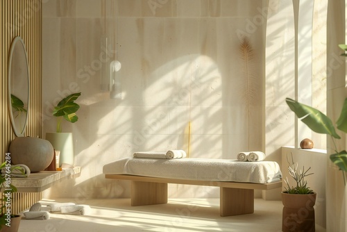 3D scene of a serene facial treatment room with soothing decor and calming ambiance , created by ai