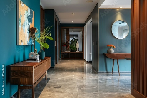 Entryway in an apartment in mid-century modern style with teal tones , created by ai