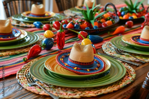 Fiesta-themed table setting with colorful plates, sombrero napkin rings, and a centerpiece of chili peppers and maracas , created by ai