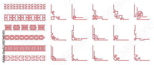 Chinese frame corner ornament vector set. Traditional decorative elements with line, corner, frame, header, pattern. Illustration of elegant design suitable for card, invitation, poster, cover