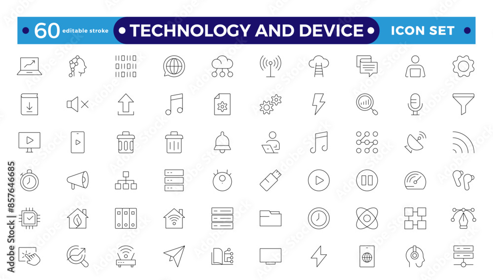 Technology and Device web icons in outline style. Computer monitor, smartphone, tablet, laptop, Mail, Search, Cloud, Media icon. Editable stroke outline icon Technology and Device web icons in outline style. Computer monitor, smartphone, tablet, laptop, Mail, Search, Cloud, Media icon. Editable stroke outline icon
