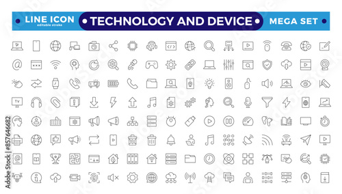 Technology and Device web icons in outline style. Computer monitor, smartphone, tablet, laptop, Mail, Search, Cloud, Media icon. Editable stroke outline icon