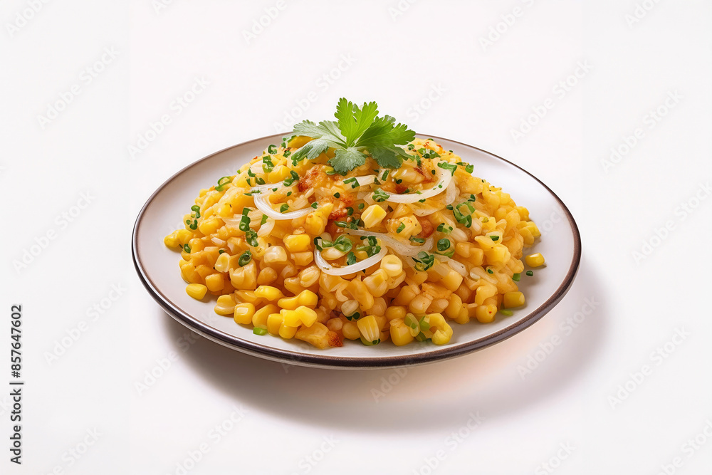 Bap Xao, Stir fried corn with onion, Vietnamese food isolated on white background, perspective view Bap Xao, Stir fried corn with onion, Vietnamese food isolated on white background, perspective view