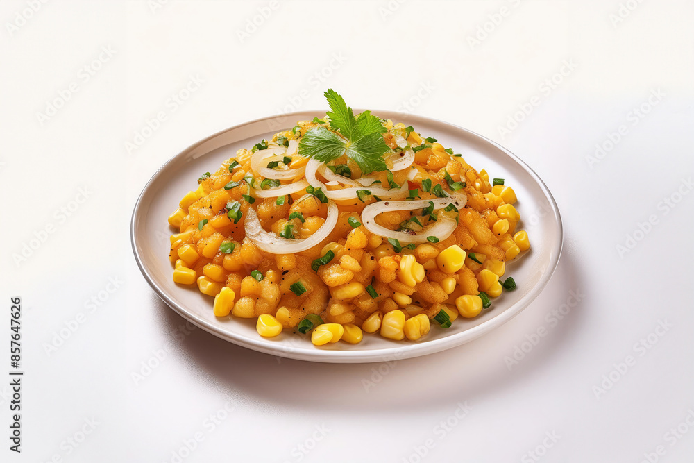 Bap Xao, Stir fried corn with onion, Vietnamese food isolated on white background, perspective view Bap Xao, Stir fried corn with onion, Vietnamese food isolated on white background, perspective view