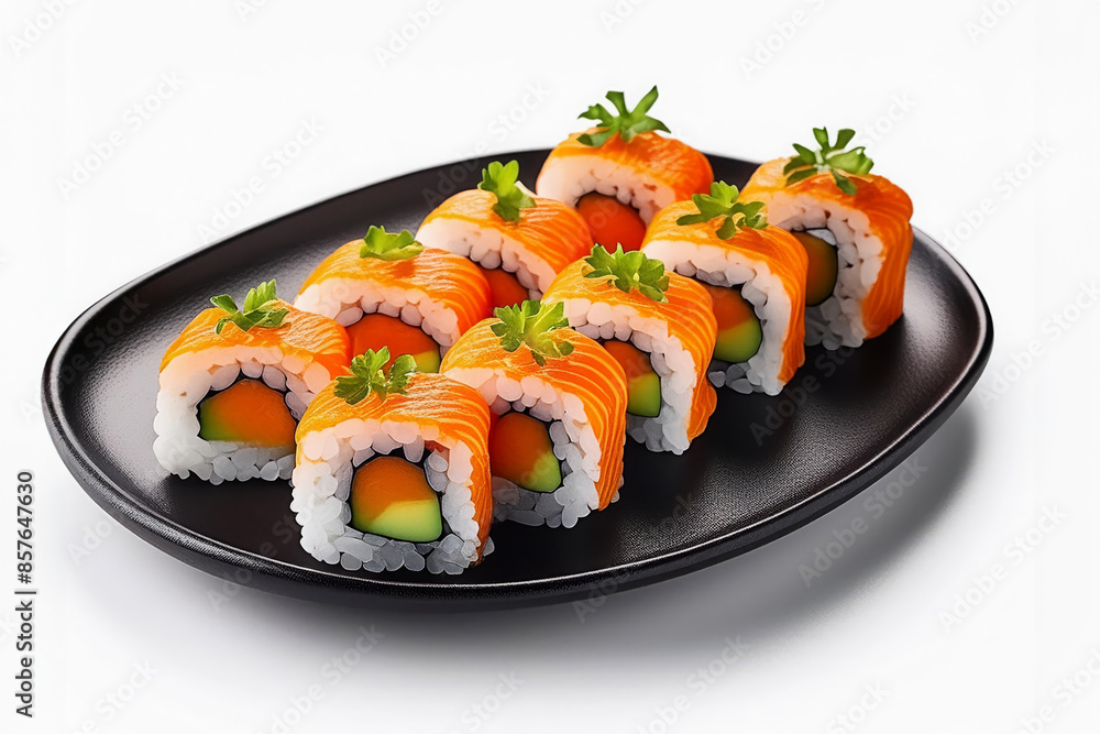 California maki sushi or California rolls or Masago maki sushi in black plate isolated on white background. California maki sushi or California rolls or Masago maki sushi in black plate isolated on white background.