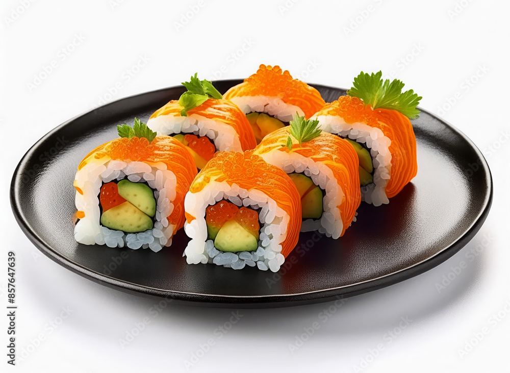 California maki sushi or California rolls or Masago maki sushi in black plate isolated on white background. California maki sushi or California rolls or Masago maki sushi in black plate isolated on white background.