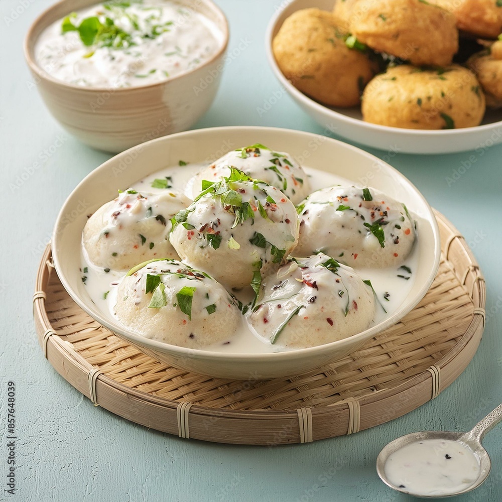 Indian popular food dahi vada also called dahi bhalla, dahi bhalle or dahi bada with topped curd and spices Indian popular food dahi vada also called dahi bhalla, dahi bhalle or dahi bada with topped curd and spices