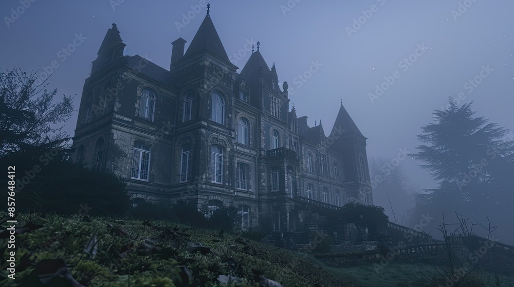 Spooky old gothic castle, foggy night, haunted mansion Spooky old gothic castle, foggy night, haunted mansion