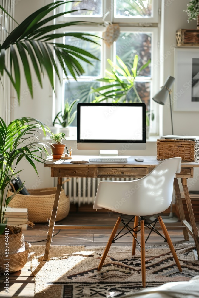 Fototapeta premium A stylish home office featuring a wooden desk, computer, and indoor plants, bathed in natural sunlight from large windows.