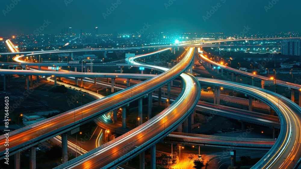 A stunning aerial view of a modern highway interchange at night, showcasing the illuminated cityscape and dynamic traffic flow. A stunning aerial view of a modern highway interchange at night, showcasing the illuminated cityscape and dynamic traffic flow.
