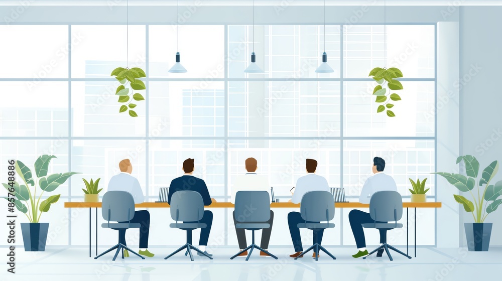 Business meeting with five professionals seated in a modern office. Natural light and green plants create a productive ambiance. Business meeting with five professionals seated in a modern office. Natural light and green plants create a productive ambiance.