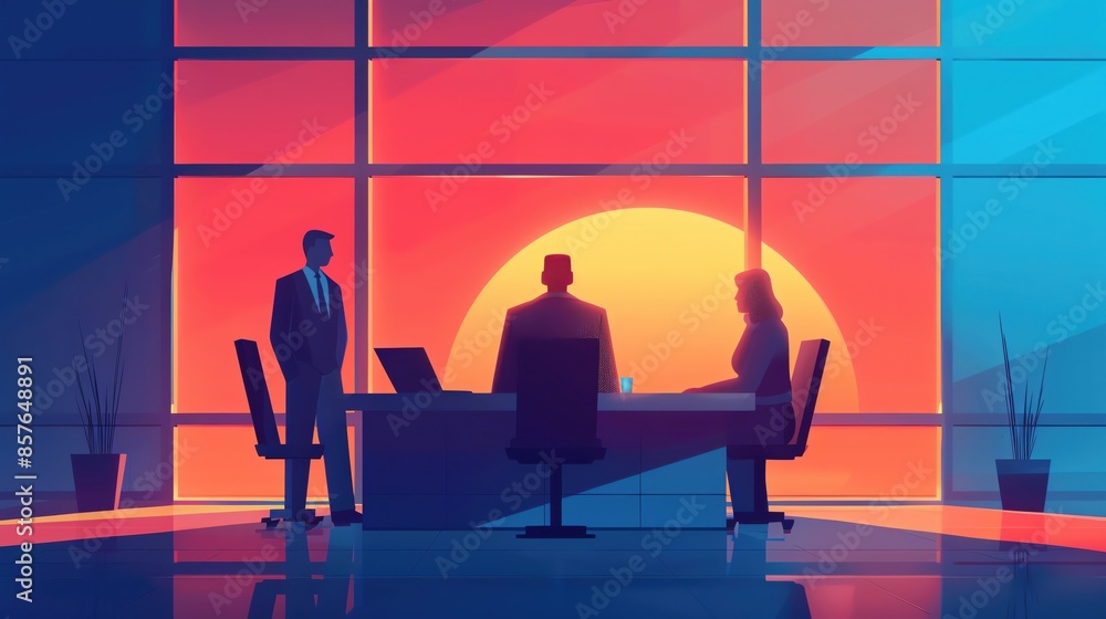 Business meeting in modern office with large windows overlooking a vibrant sunset in the background. Professional, corporate ambiance. Business meeting in modern office with large windows overlooking a vibrant sunset in the background. Professional, corporate ambiance.