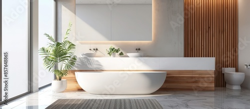 A sleek, modern bathroom featuring a freestanding tub, large mirror, wooden accents, and abundant natural light from floor-to-ceiling windows. © Sunshine