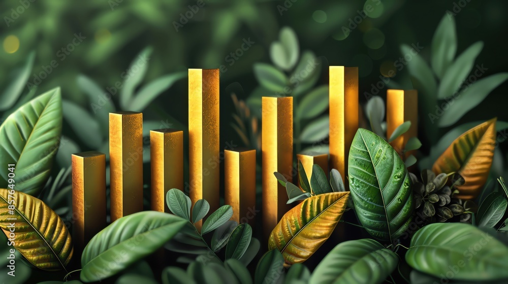 Obraz premium Digital artwork of golden bars emerging from lush green foliage, symbolizing growth and prosperity in nature.