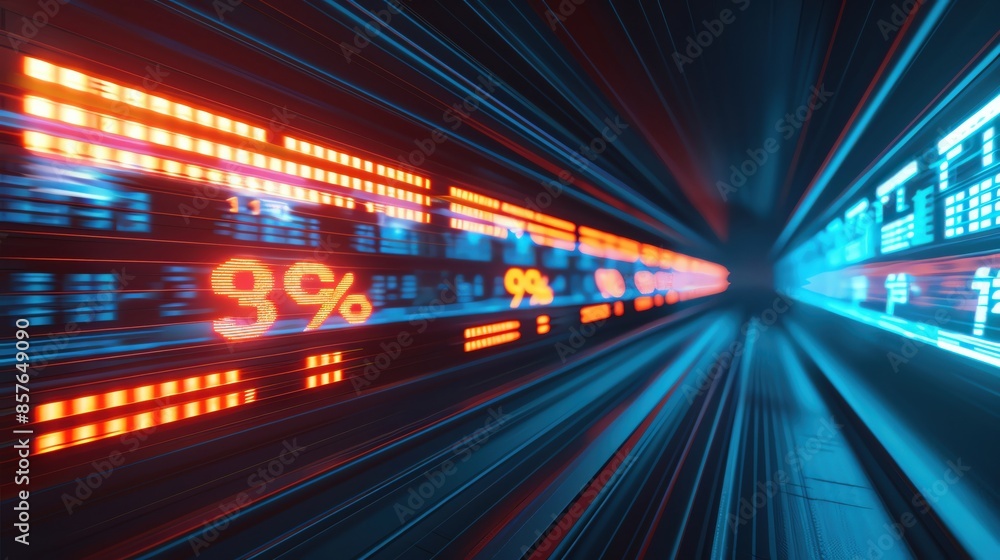Futuristic digital display with glowing numbers and graphs, illustrating advanced technology and financial data transmission dynamics. Futuristic digital display with glowing numbers and graphs, illustrating advanced technology and financial data transmission dynamics.