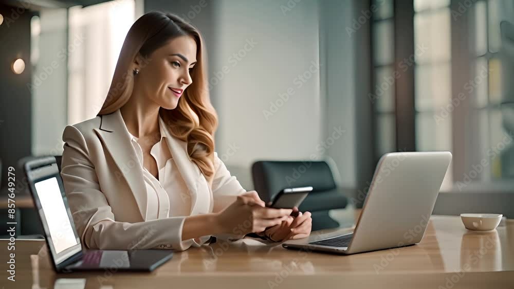 Businesswoman Using Phone at Desk Generative AI Businesswoman Using Phone at Desk Generative AI
