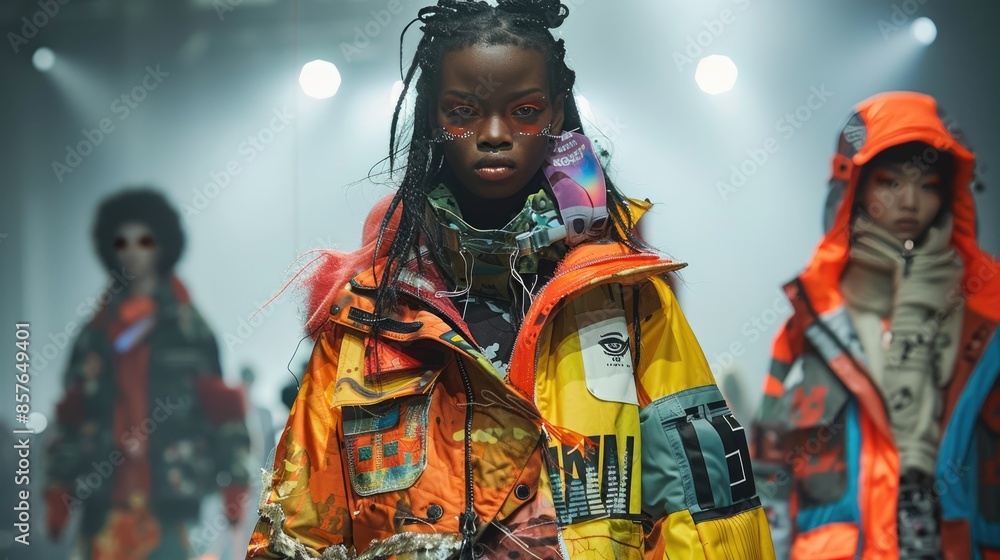 Fashion models showcasing vibrant and eclectic outerwear on the runway during a high-energy fashion show.