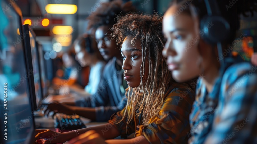 Obraz premium Focused gamers playing online in a competitive gaming environment. Women in technology, eSports, and team collaboration concept.