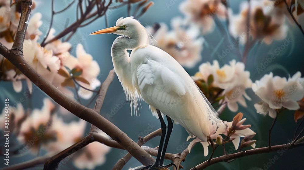 Obraz premium A beautiful egret perching on a branch, AI Generative