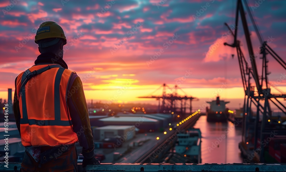 Cinematic Shot of a Construction Worker in High Visibility Vest Overlooking the Dock at Sunset, With Cranes and Ships in the Background. Labor Day, Working, Broke, Struggling Cinematic Shot of a Construction Worker in High Visibility Vest Overlooking the Dock at Sunset, With Cranes and Ships in the Background. Labor Day, Working, Broke, Struggling