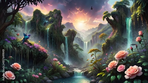 Beautiful Landscape, Mountains, Flowers, Sunset, Birds, Sky, Clouds, Peach, Pink, Blue, Green, Purple, Mixture, Rose, Light, Shadow, Texture © Riki