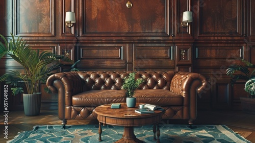 Fototapeta Naklejka Na Ścianę i Meble -  Old vintage living room interior with sofa. 3d rendering, wood table