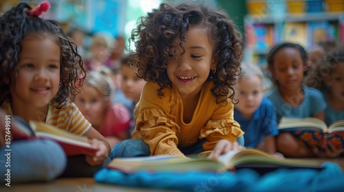 Group of diverse children joyfully reading books together in a vibrant classroom setting, fostering a love for learning and literacy.