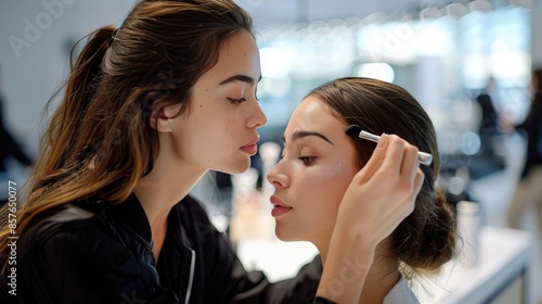 Makeup artist applying cosmetics on a model's face in a professional setting, showcasing beauty and self-care routine.